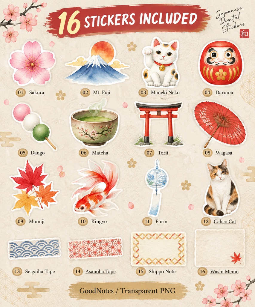 【無料】日本の四季 和柄デジタルステッカー16点|Japanese Wagara Stickers|GoodNotes・iPad手帳・背景透過PNG