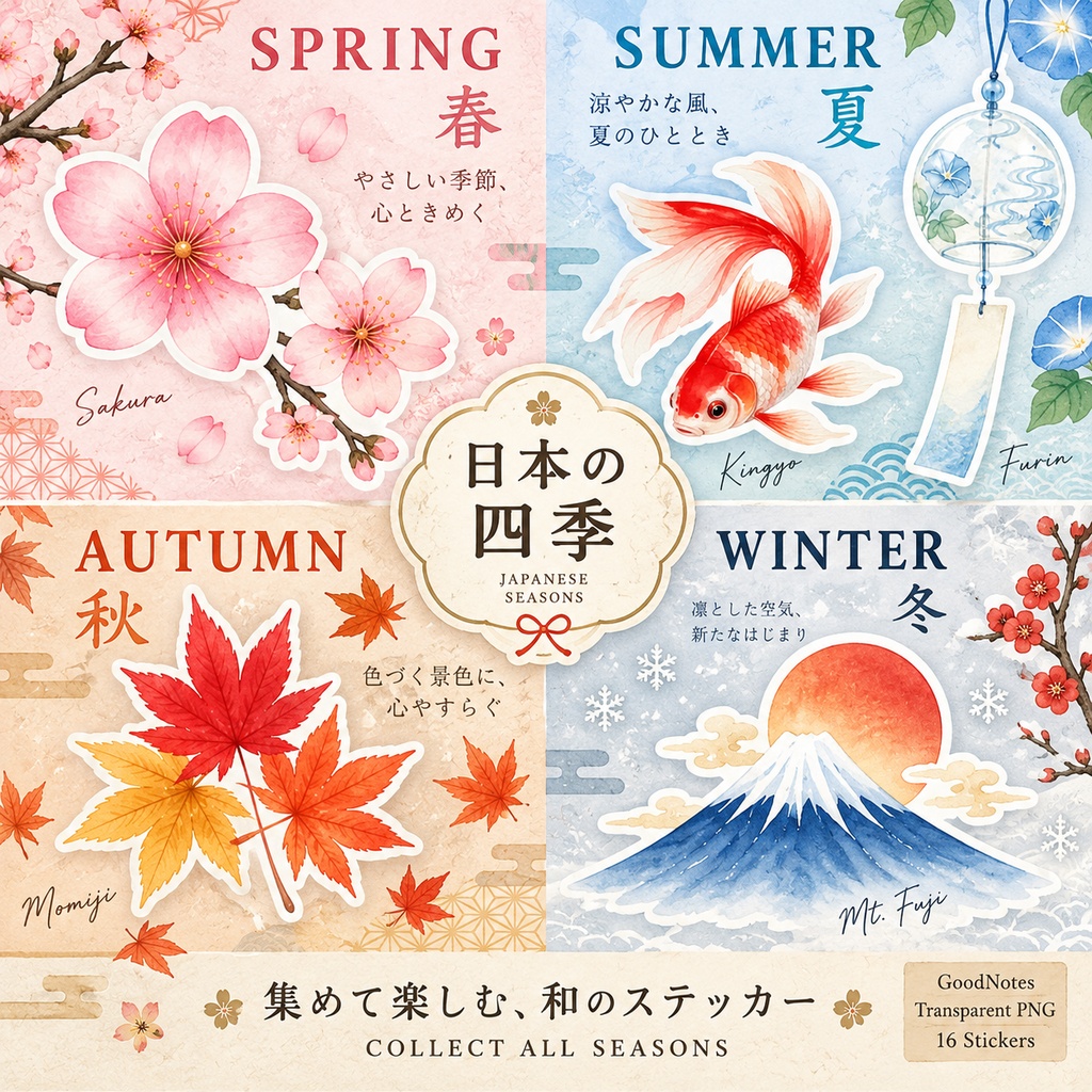 【無料】日本の四季 和柄デジタルステッカー16点|Japanese Wagara Stickers|GoodNotes・iPad手帳・背景透過PNG