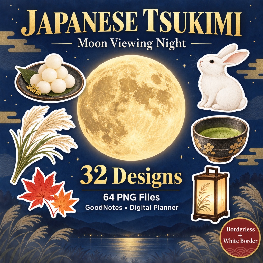 お月見デジタルステッカー32点｜Japanese Tsukimi Moon Viewing Stickers｜GoodNotes・透過PNG