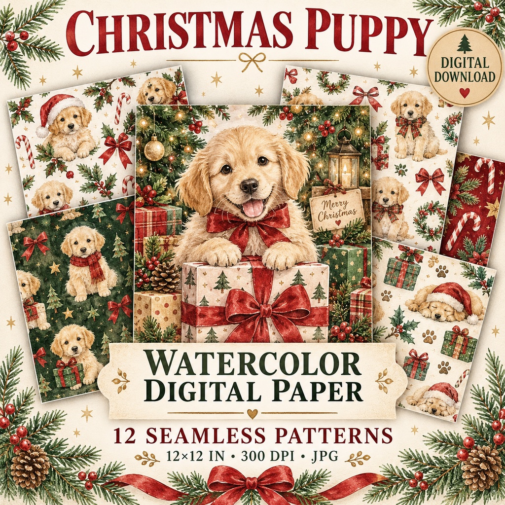 クリスマス子犬 水彩デジタルペーパー12柄｜Christmas Puppy｜シームレス背景素材・商用利用OK