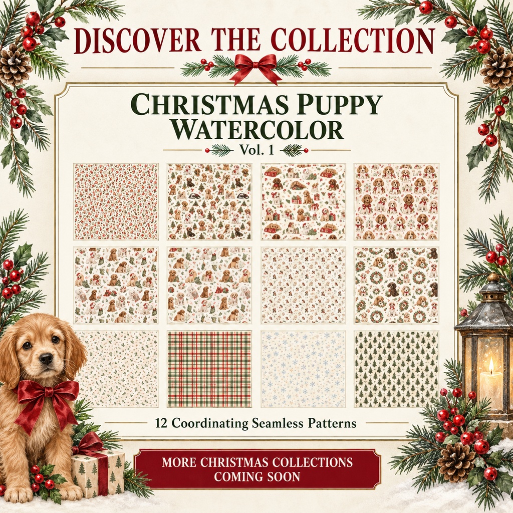 クリスマス子犬 水彩デジタルペーパー12柄|Christmas Puppy|シームレス背景素材・商用利用OK