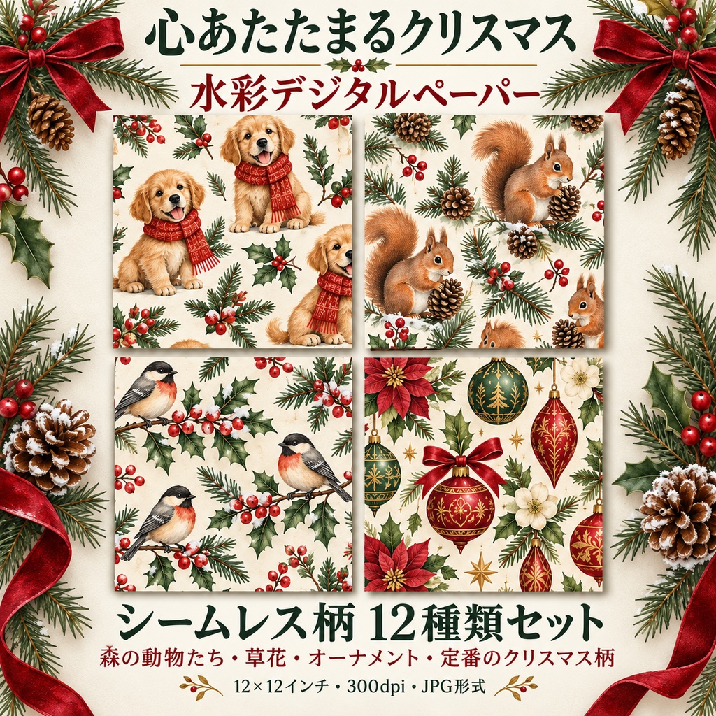「クリスマス水彩デジタルペーパー12柄|シームレス|商用利用OK|Cozy Christmas」