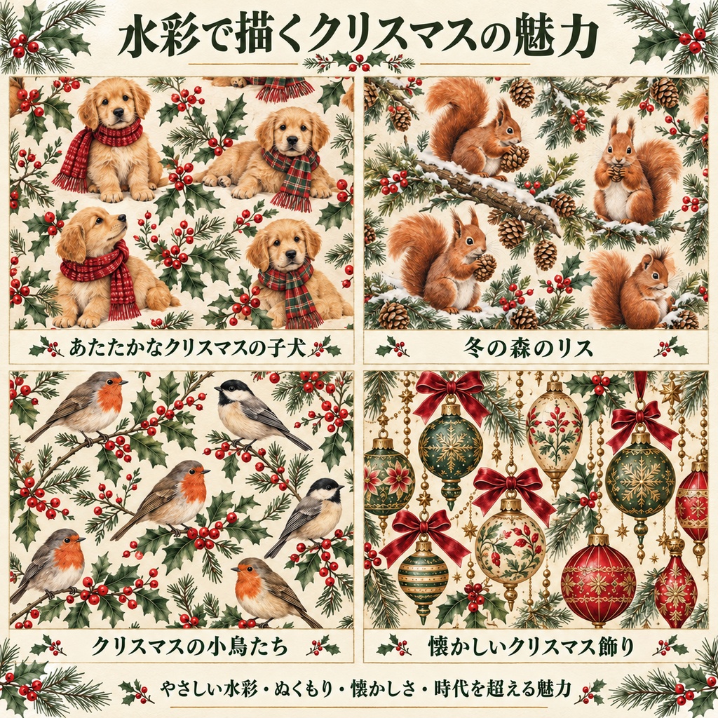 「クリスマス水彩デジタルペーパー12柄|シームレス|商用利用OK|Cozy Christmas」