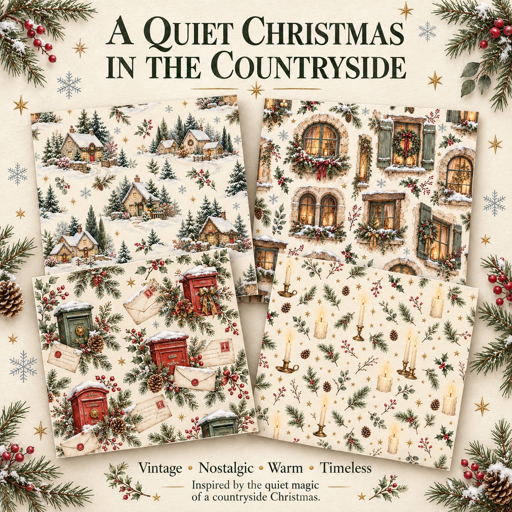 【商用利用OK】クリスマス水彩デジタルペーパー12柄|Vintage Christmas Cottage|シームレス背景素材 Vol.3