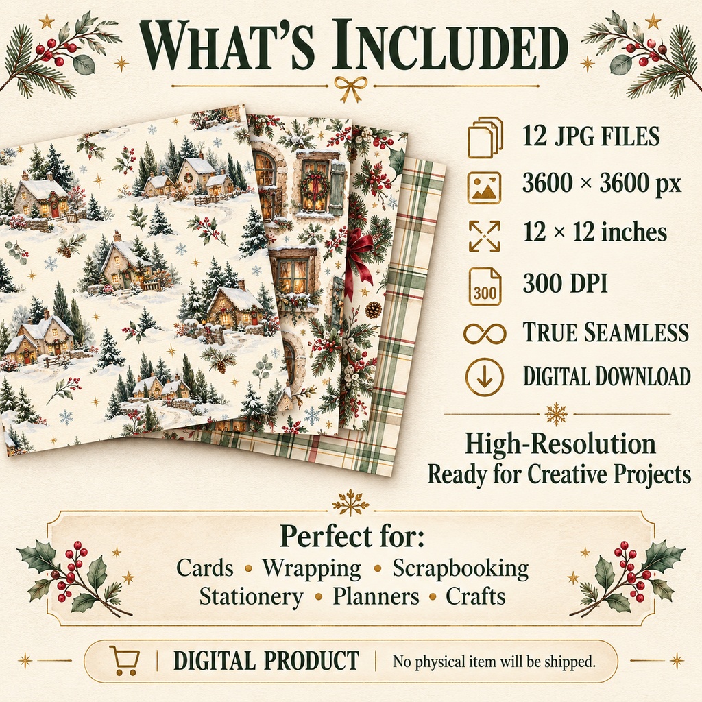 【商用利用OK】クリスマス水彩デジタルペーパー12柄|Vintage Christmas Cottage|シームレス背景素材 Vol.3
