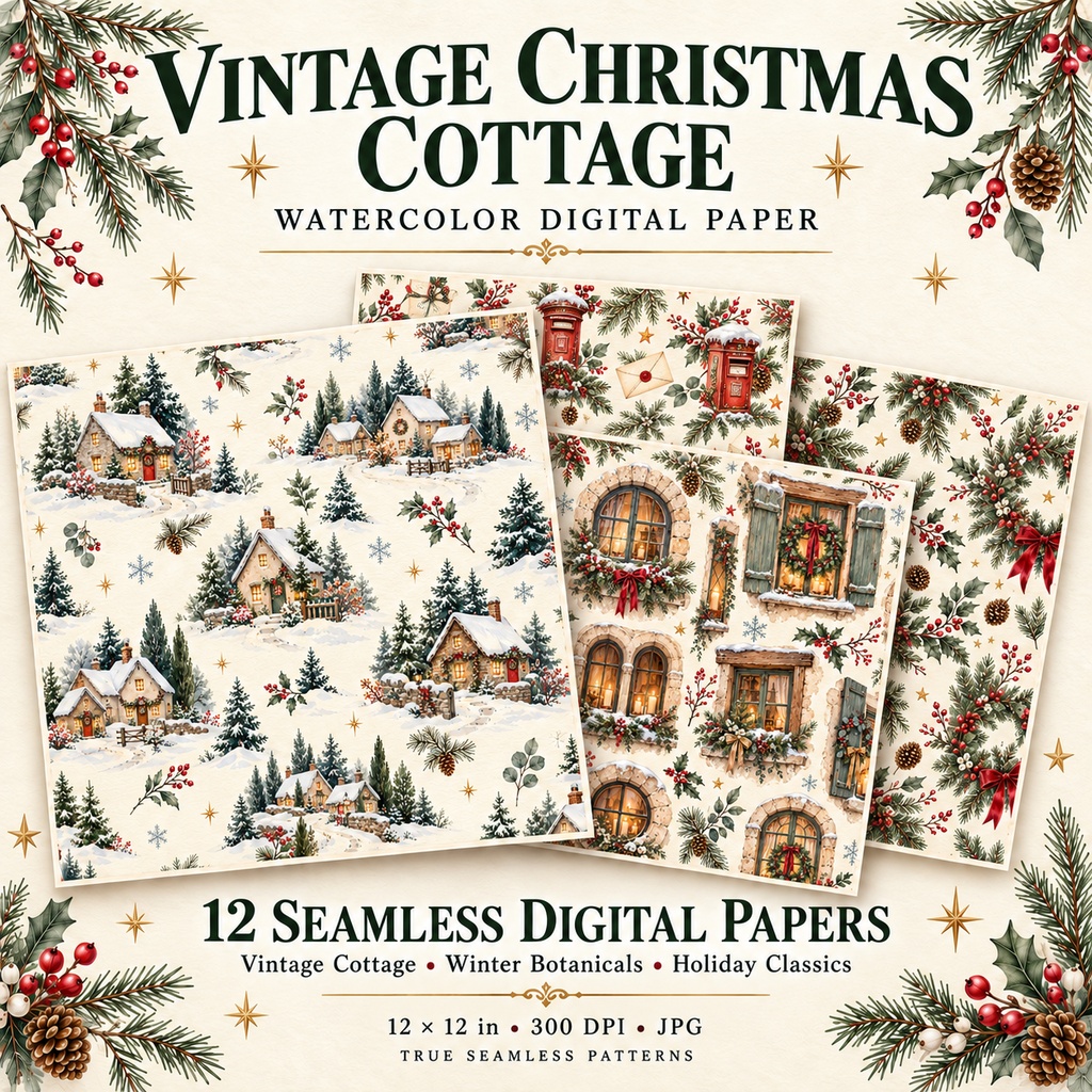 【商用利用OK】クリスマス水彩デジタルペーパー12柄｜Vintage Christmas Cottage｜シームレス背景素材 Vol.3