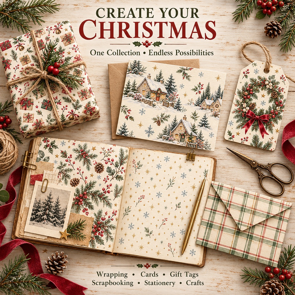 【商用利用OK】クリスマス水彩デジタルペーパー12柄|Vintage Christmas Cottage|シームレス背景素材 Vol.3