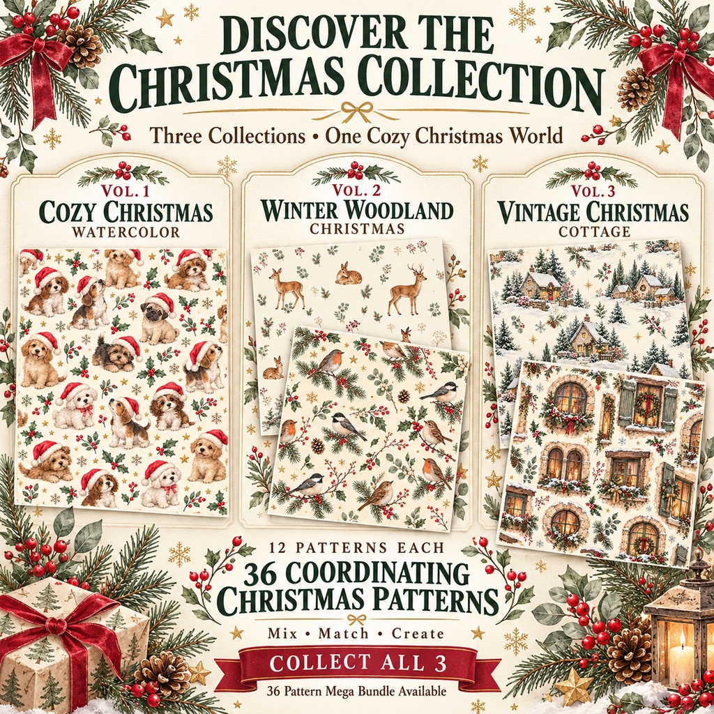 【商用利用OK】クリスマス水彩デジタルペーパー12柄|Vintage Christmas Cottage|シームレス背景素材 Vol.3