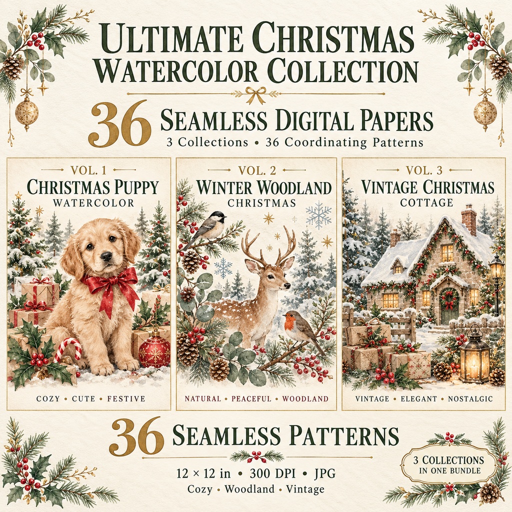 【36柄・商用利用OK】クリスマス水彩デジタルペーパー｜3コレクションセット｜シームレス背景素材