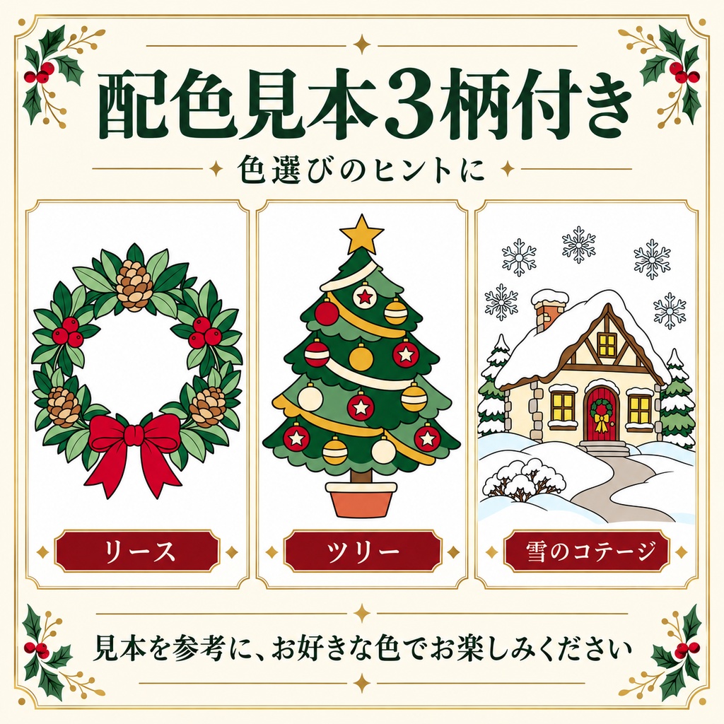 彩るクリスマス|大人の塗り絵12柄セット|A4印刷用PDF・配色見本3柄付き