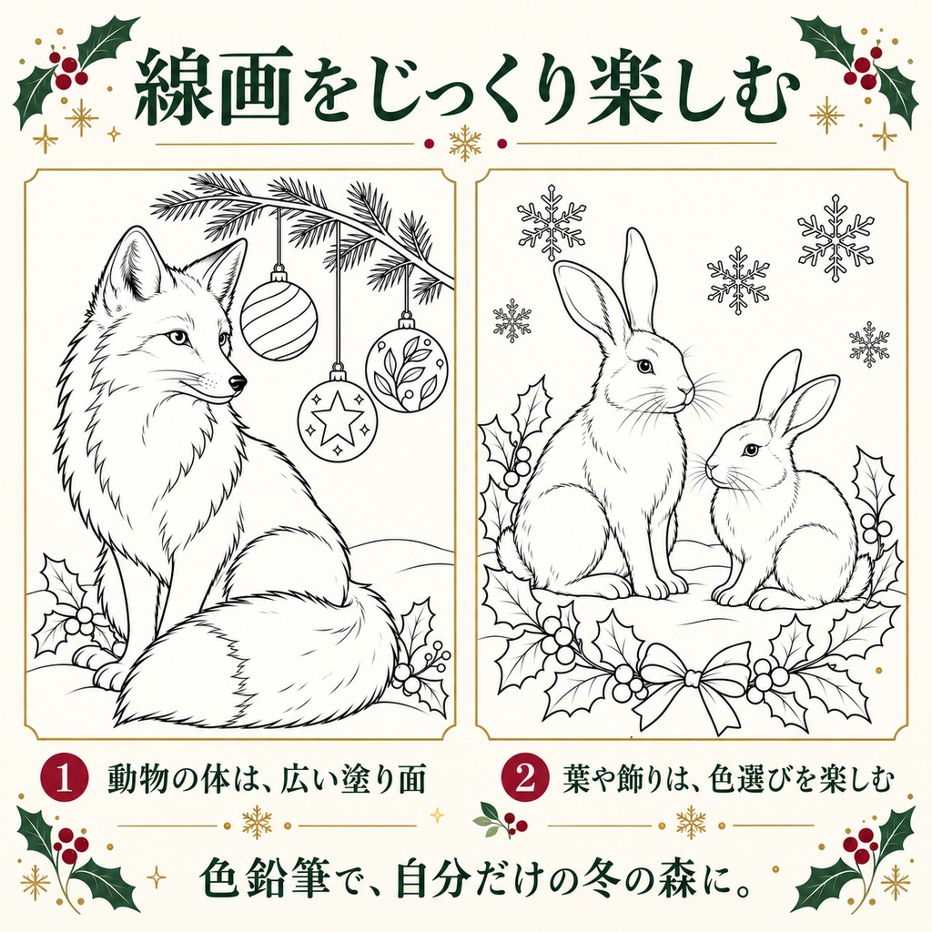 彩るクリスマス 森のどうぶつ編|大人の塗り絵12柄|A4印刷用PDF・配色見本3柄付き