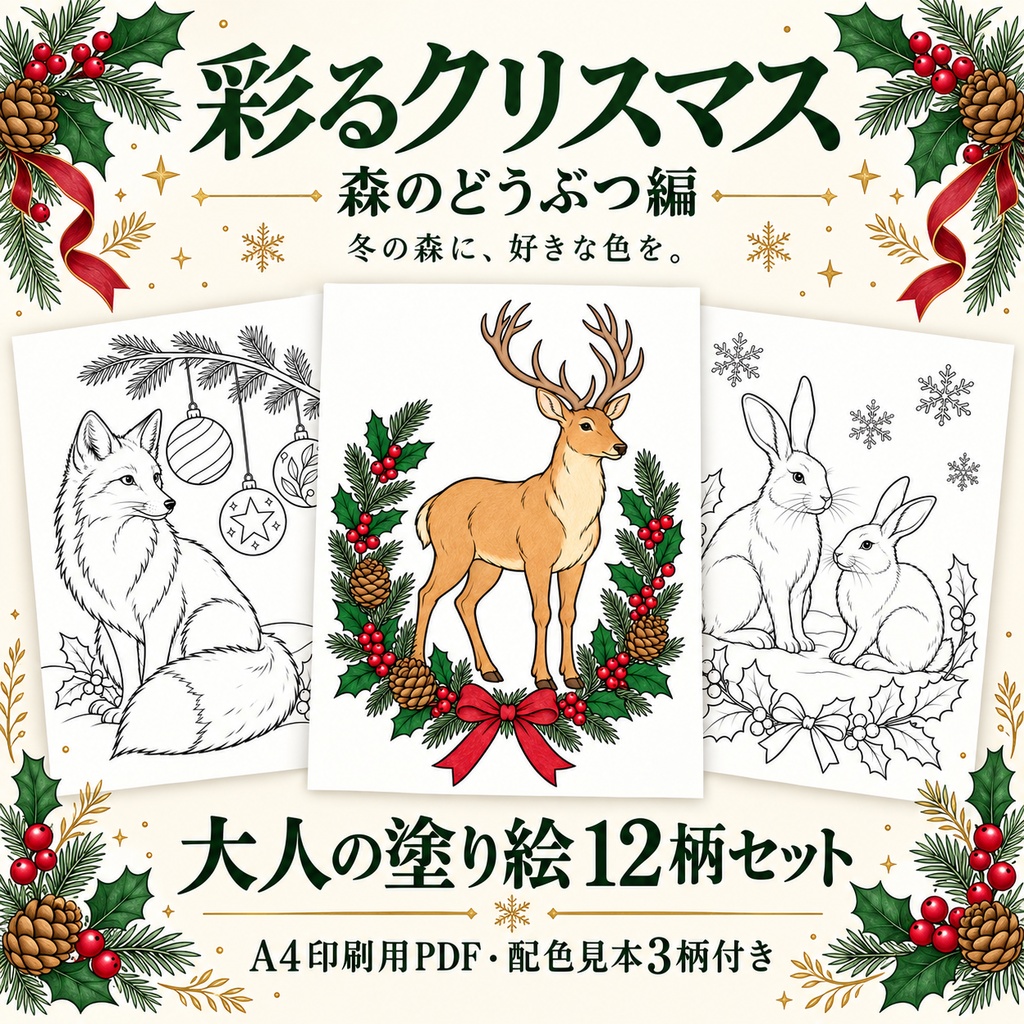 彩るクリスマス 森のどうぶつ編｜大人の塗り絵12柄｜A4印刷用PDF・配色見本3柄付き
