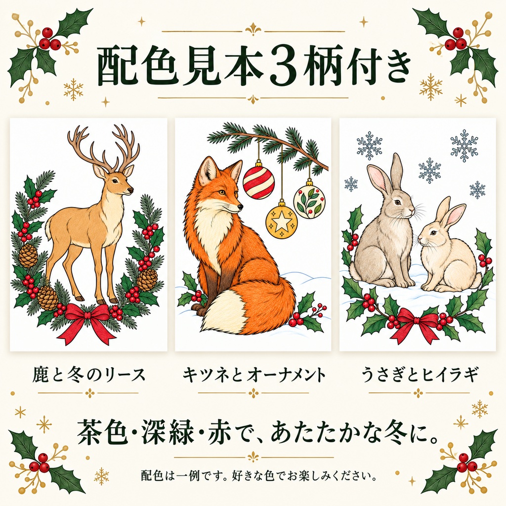 彩るクリスマス 森のどうぶつ編|大人の塗り絵12柄|A4印刷用PDF・配色見本3柄付き