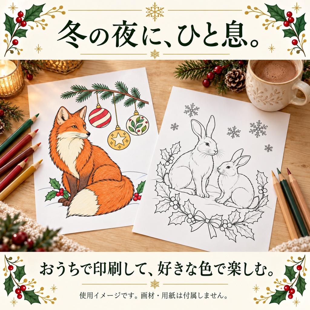 彩るクリスマス 森のどうぶつ編|大人の塗り絵12柄|A4印刷用PDF・配色見本3柄付き