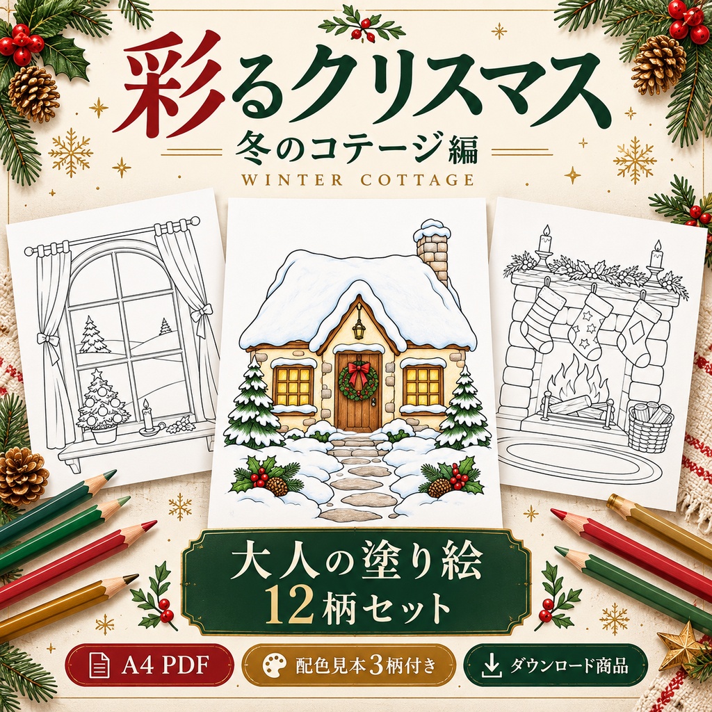 彩るクリスマス｜冬のコテージ編｜大人の塗り絵12柄・A4 PDF｜配色見本3柄付き