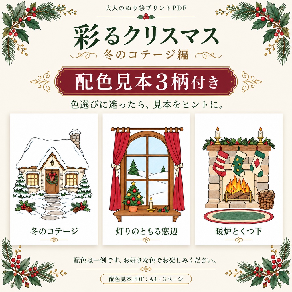 彩るクリスマス|冬のコテージ編|大人の塗り絵12柄・A4 PDF|配色見本3柄付き