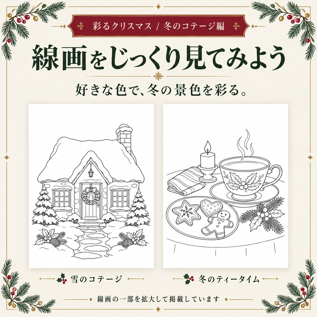 彩るクリスマス|冬のコテージ編|大人の塗り絵12柄・A4 PDF|配色見本3柄付き