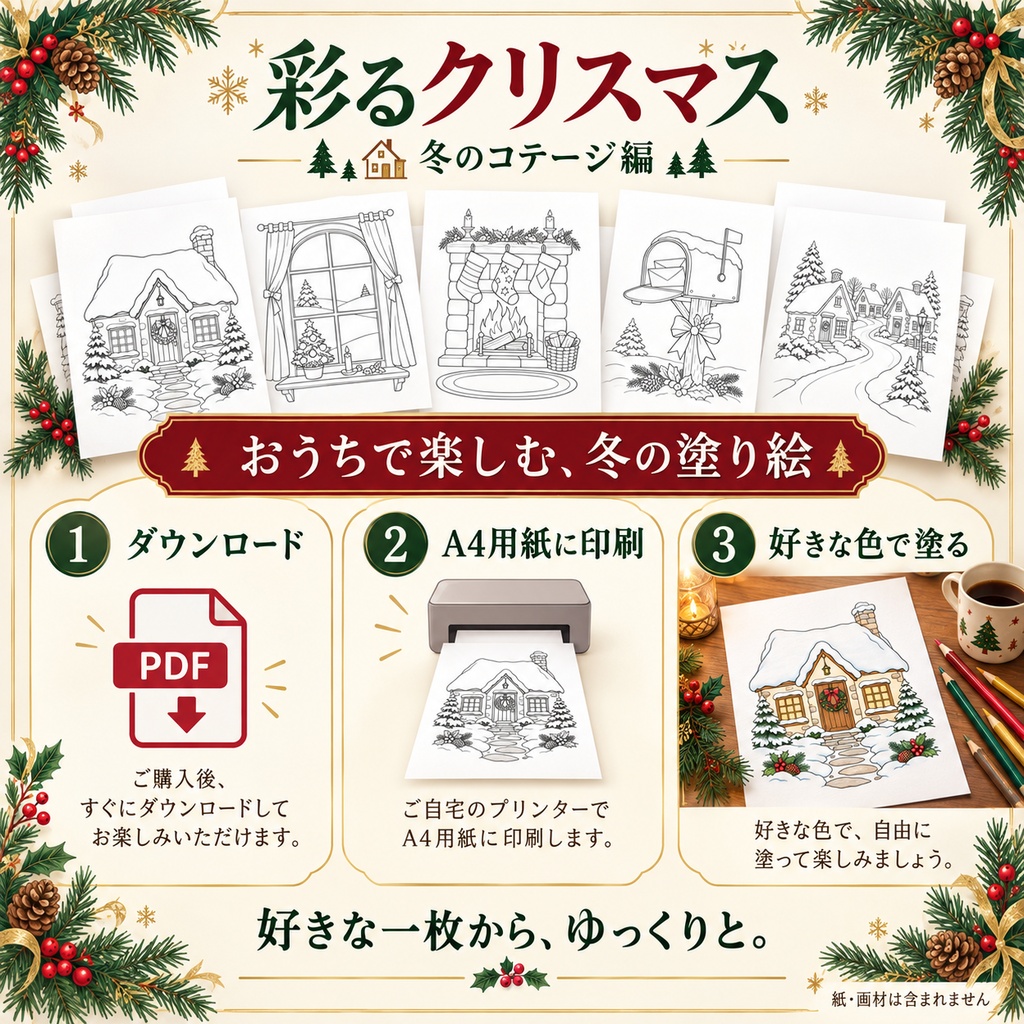 彩るクリスマス|冬のコテージ編|大人の塗り絵12柄・A4 PDF|配色見本3柄付き
