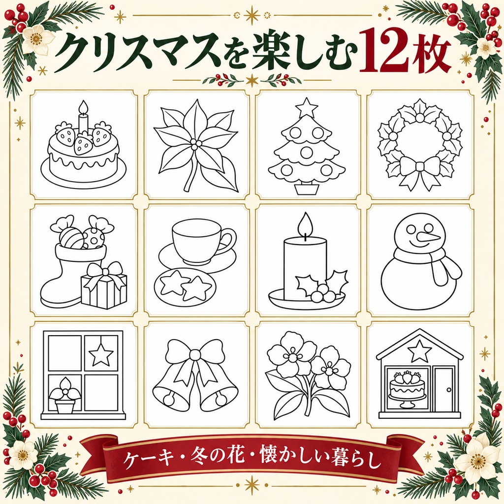 懐かしいクリスマスと冬の楽しみ|大人の塗り絵12枚|A4印刷PDF・家庭用