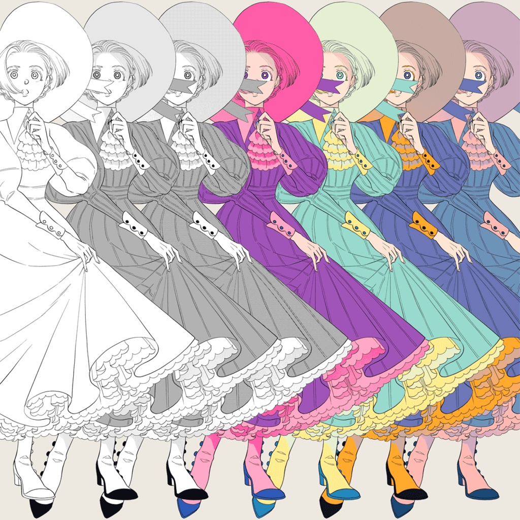 立ち絵（若い女性　ワンピース　帽子　クラシック　白黒）