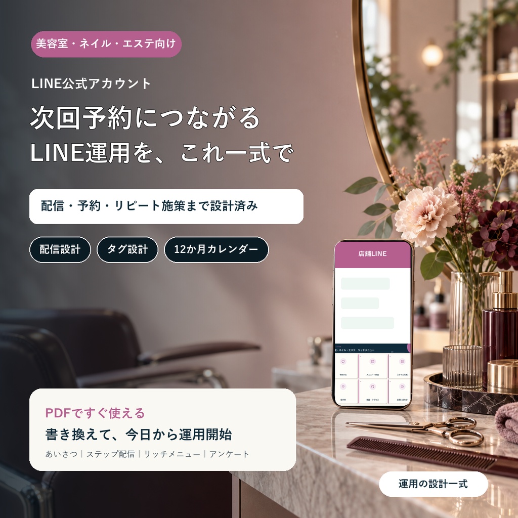 LINE運用の設計一式【美容室・ネイル・エステ】｜配信・タグ・12か月カレンダー