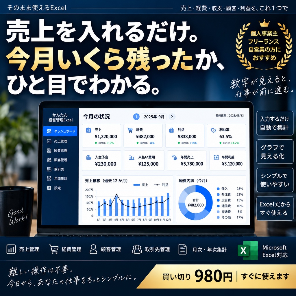 特別価格です！ひとり仕事の売上・経費・利益管理｜かんたん経営管理Excel