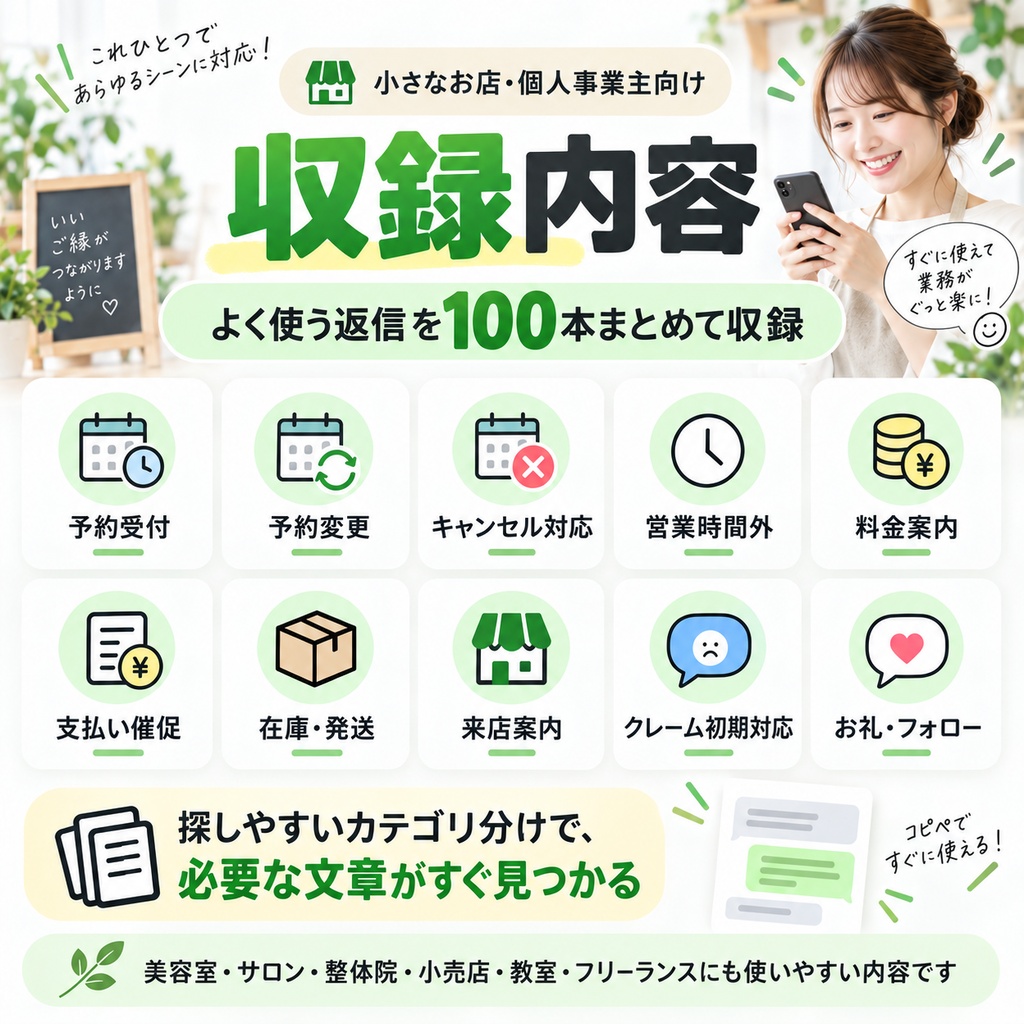 小さなお店・個人事業主向け|LINE返信テンプレ100選【PDF・Word・TXT】予約・キャンセル・お礼・クレーム対応