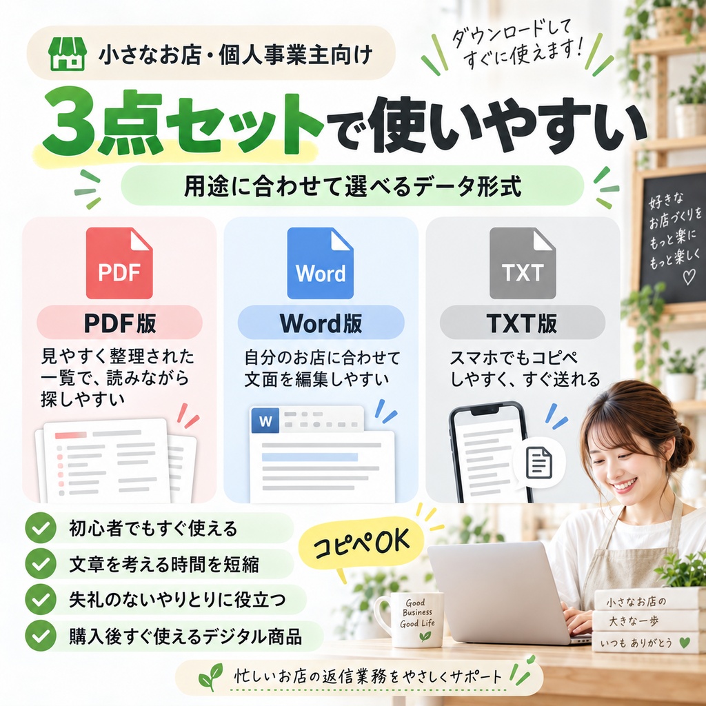 小さなお店・個人事業主向け|LINE返信テンプレ100選【PDF・Word・TXT】予約・キャンセル・お礼・クレーム対応