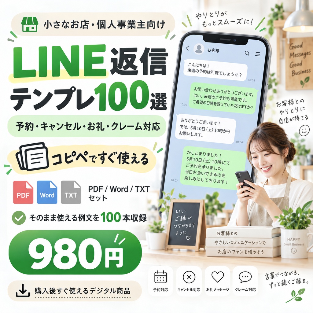 小さなお店・個人事業主向け｜LINE返信テンプレ100選【PDF・Word・TXT】予約・キャンセル・お礼・クレーム対応