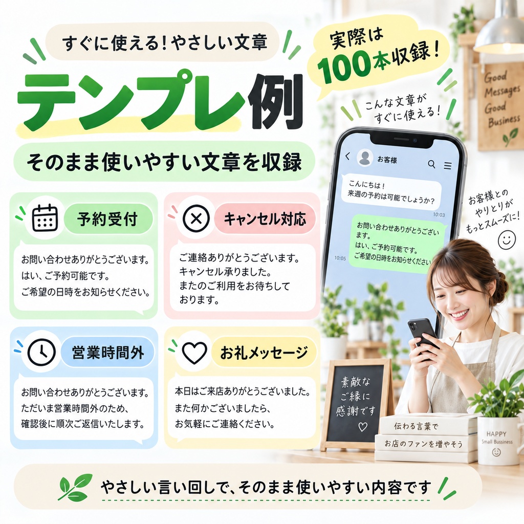 小さなお店・個人事業主向け|LINE返信テンプレ100選【PDF・Word・TXT】予約・キャンセル・お礼・クレーム対応