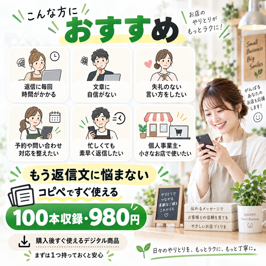 小さなお店・個人事業主向け|LINE返信テンプレ100選【PDF・Word・TXT】予約・キャンセル・お礼・クレーム対応