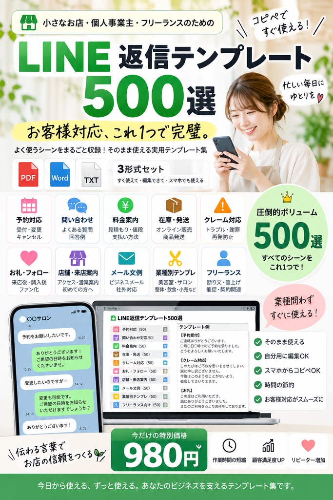 小さなお店・個人事業主向け|お客様対応テンプレ500選【PDF・Word・TXT】予約・キャンセル・クレーム・催促・お礼まで全部入り