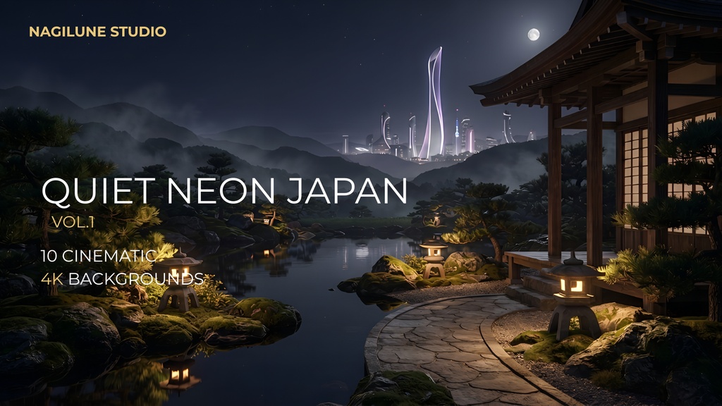 Quiet Neon Japan Vol.1｜静かな未来日本 4K背景素材10枚セット