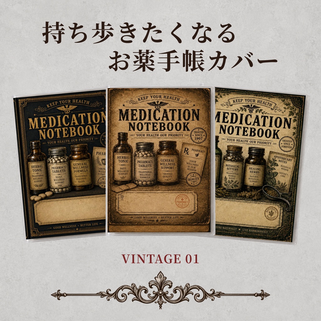 お薬手帳カバー VINTAGE 01【印刷用PDF・ダウンロード販売】