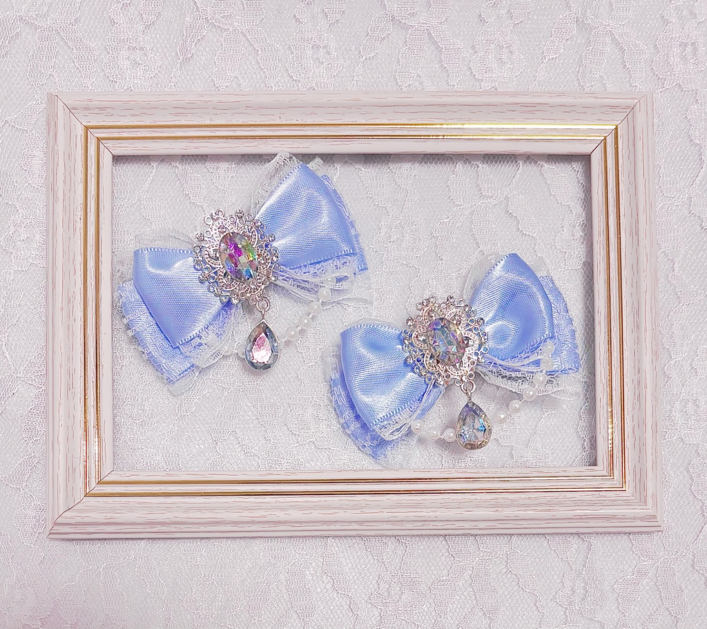 白×水色 ハンドメイド ヘアクリップリボン