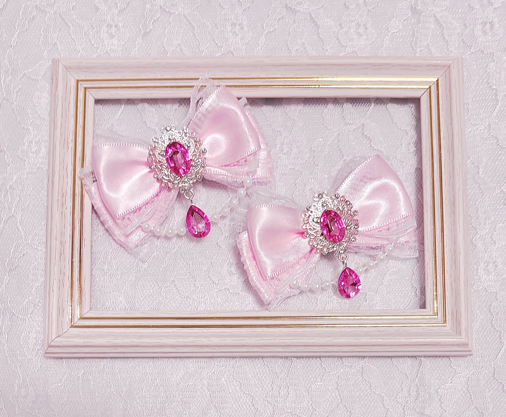 白×ピンク ハンドメイドリボン ヘアクリップ