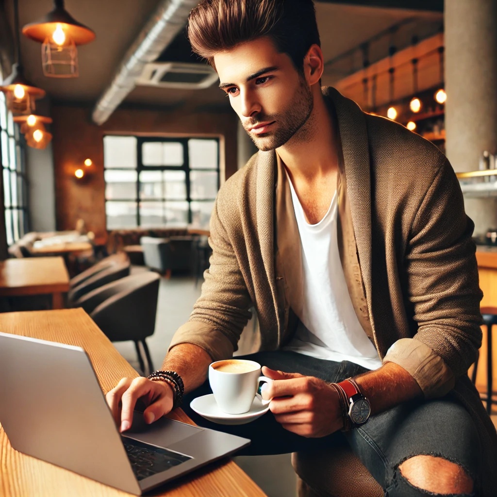 おしゃれなカフェでパソコン作業をする外国人男性のイラスト