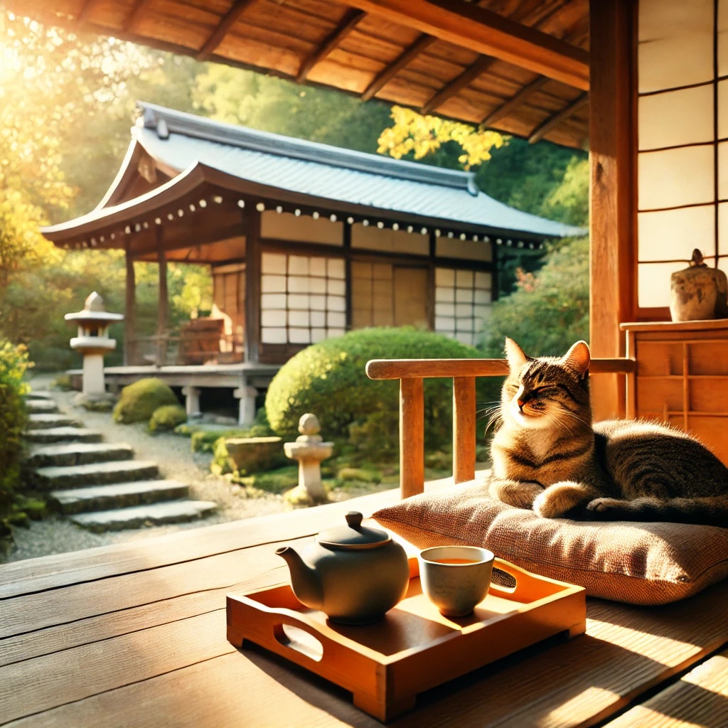 縁側でくつろぐ猫と日本庭園
