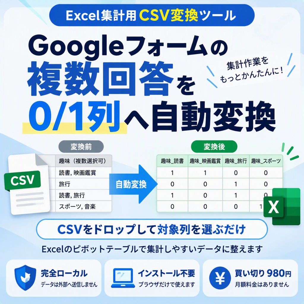 【無料版】Googleフォームの複数選択回答を0/1列に変換|Excel集計用CSVツール