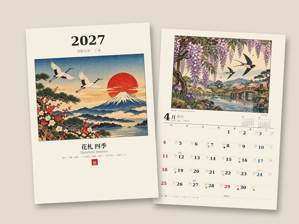 【2027年 和風カレンダー】花札 四季|六曜・旧暦・二十四節気・一粒万倍日入り|A4 印刷用PDF
