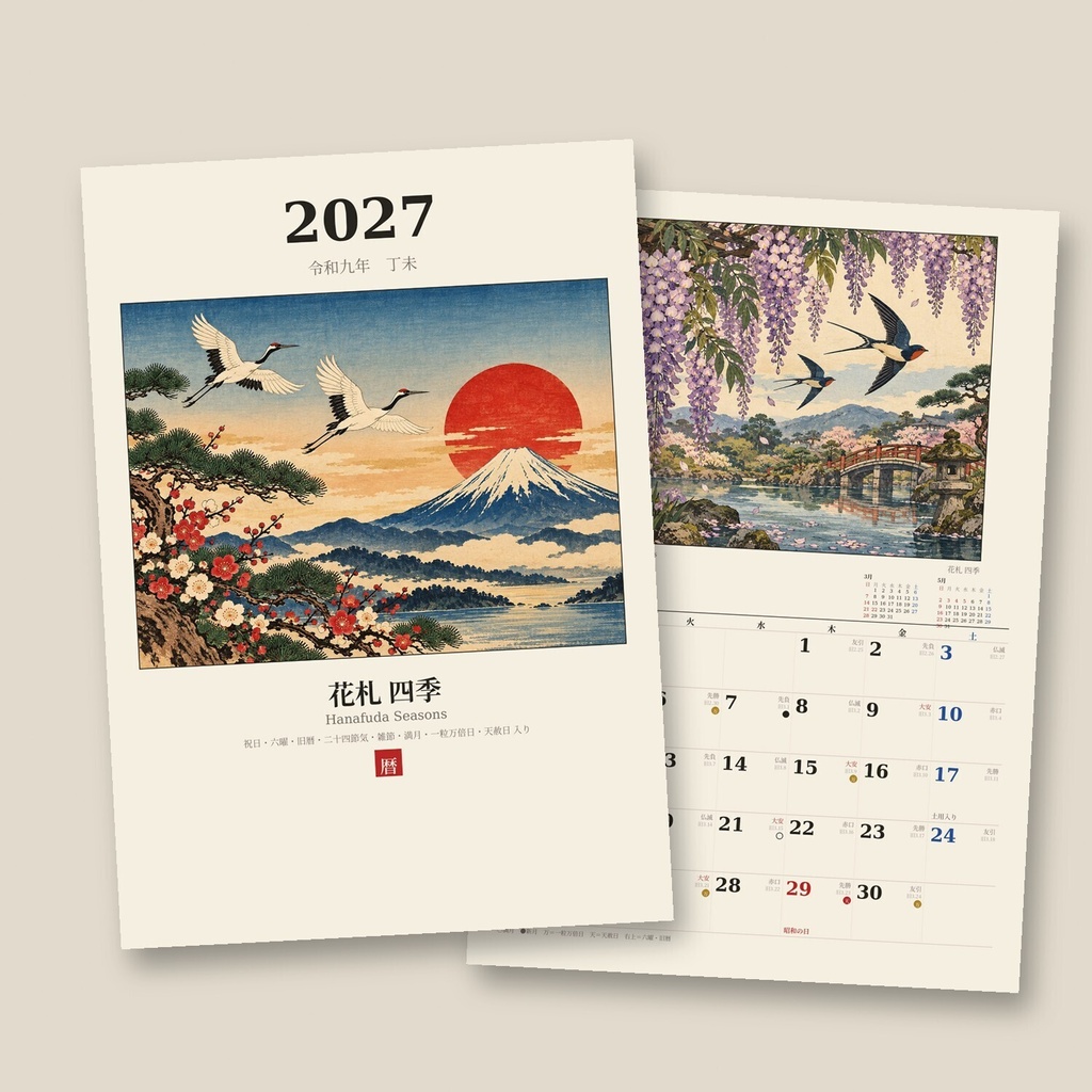 【2027年 和風カレンダー】花札 四季|六曜・旧暦・二十四節気・一粒万倍日入り|A4 印刷用PDF