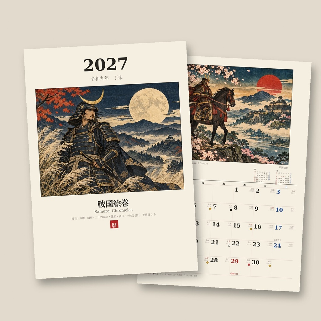 【2027年 和風カレンダー】戦国絵巻｜武将・忍者・城｜六曜・旧暦・一粒万倍日入り｜A4 印刷用PDF