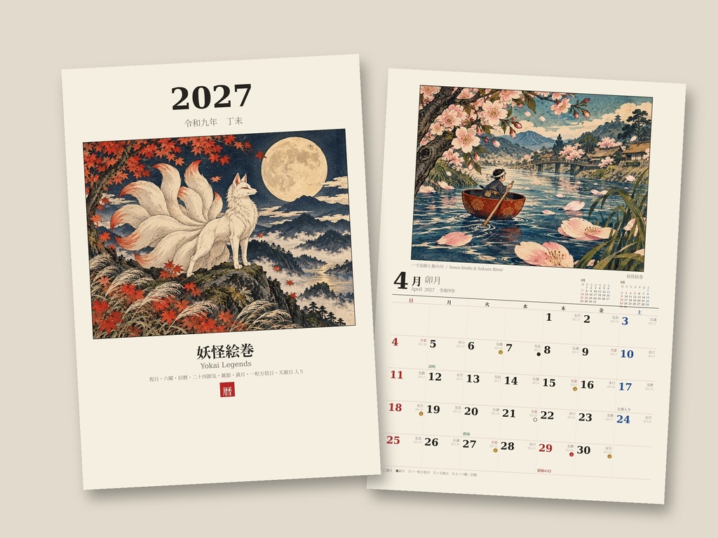 【2027年 和風カレンダー】妖怪絵巻|九尾の狐・天狗・河童・百鬼夜行|六曜・旧暦・一粒万倍日入り|A4 印刷用PDF