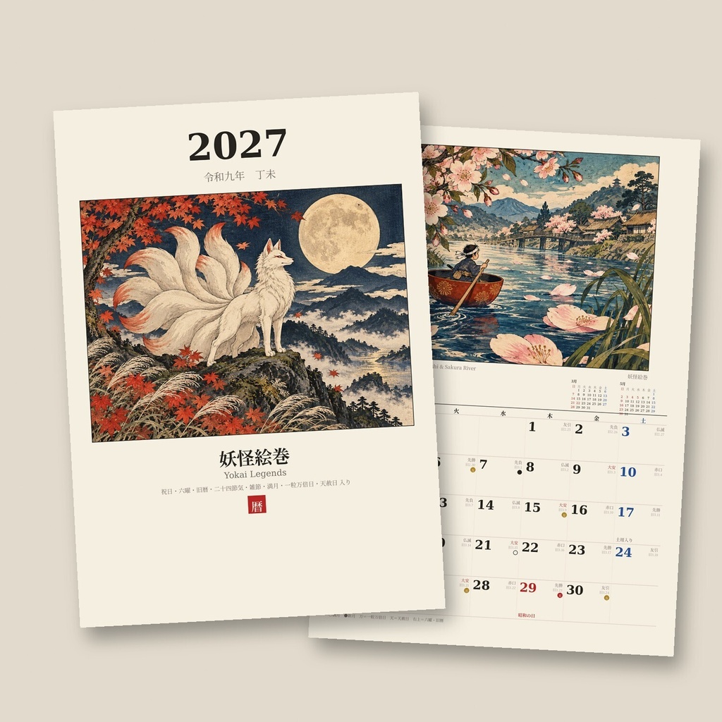 【2027年 和風カレンダー】妖怪絵巻|九尾の狐・天狗・河童・百鬼夜行|六曜・旧暦・一粒万倍日入り|A4 印刷用PDF