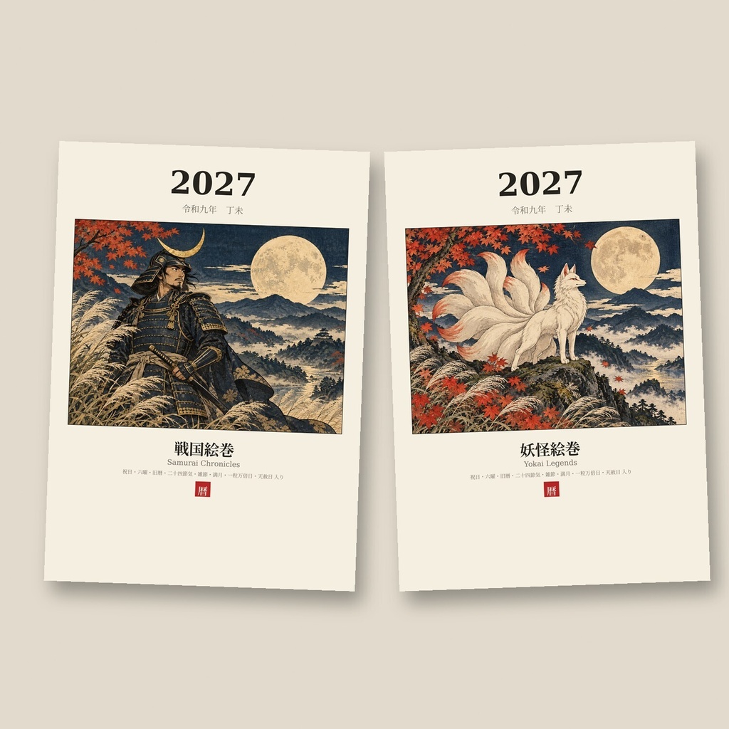 【2027年 和風カレンダー 2種セット】戦国絵巻・妖怪絵巻｜六曜・旧暦・一粒万倍日入り｜A4 印刷用PDF