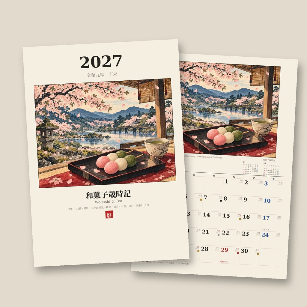 【2027年 和風カレンダー】和菓子歳時記｜季節の和菓子とお茶｜六曜・旧暦・一粒万倍日入り｜A4 印刷用PDF