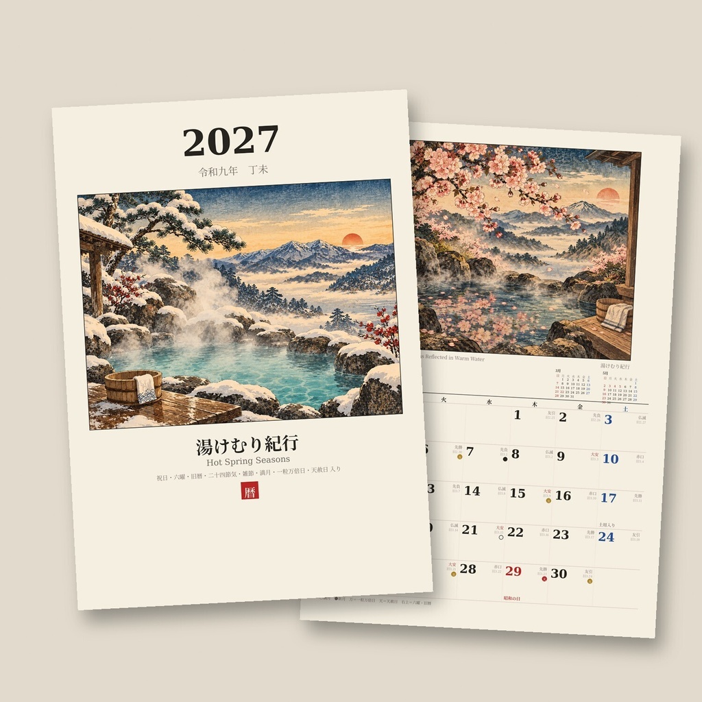 【2027年 和風カレンダー】湯けむり紀行｜四季の温泉と湯の町｜六曜・旧暦・一粒万倍日入り｜A4 印刷用PDF