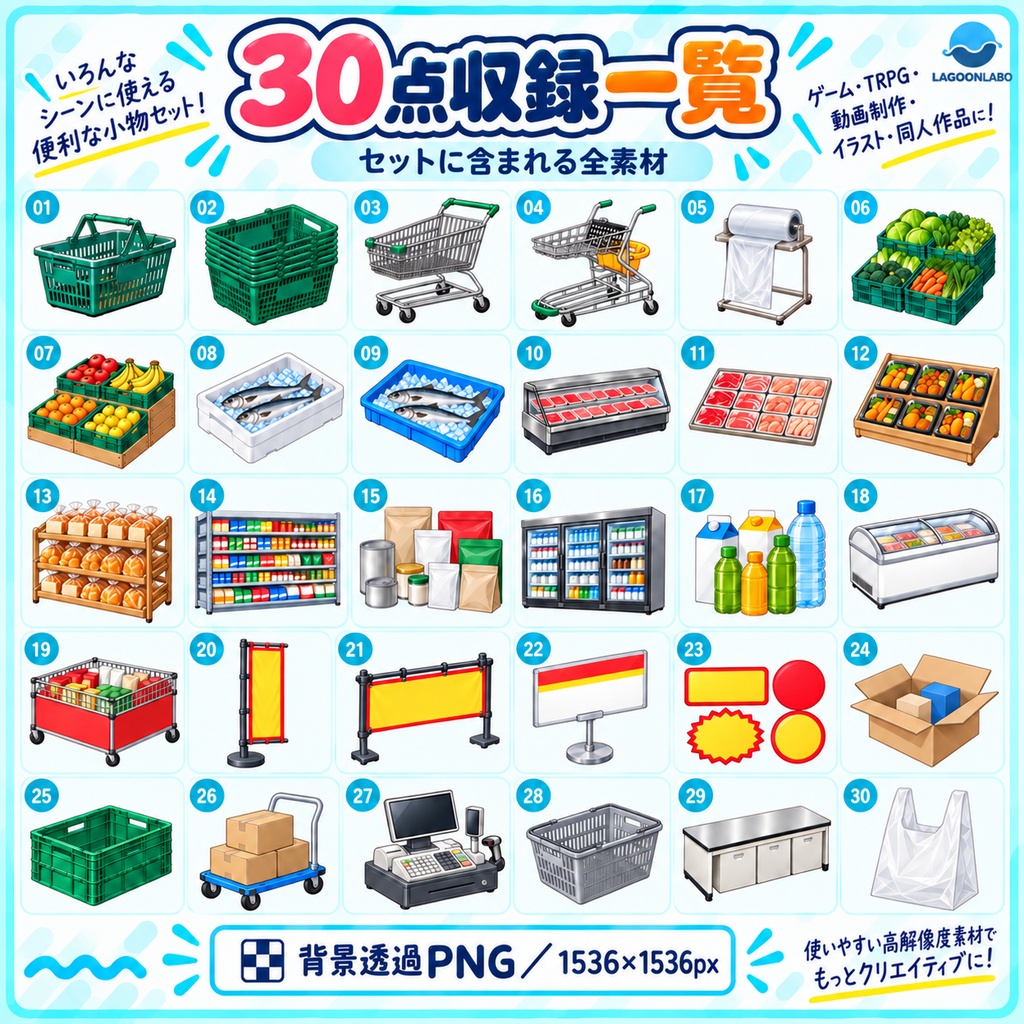 スーパーの小物素材30点|背景透過PNG・ゲーム/TRPG/動画制作向け
