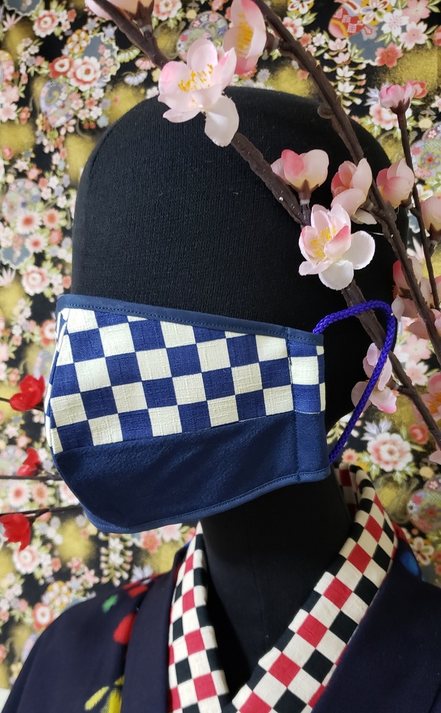 和紐マスク/市松柄+青(2柄)