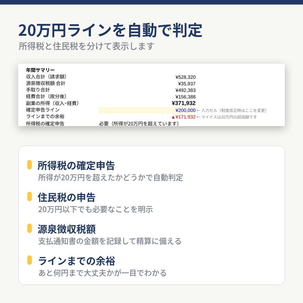 【20万円ライン自動判定】副業 収支管理シート2026|Excelテンプレート